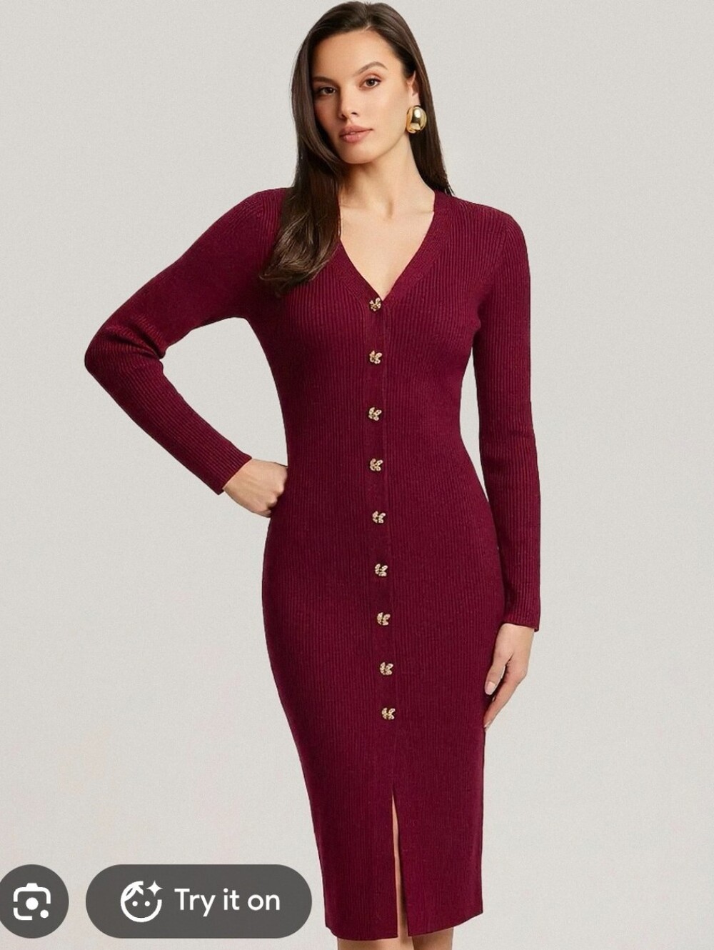 NICHOLAS, Revolve, Burgundy Ribbed Button-Front V-Neck Knit Midi Dress